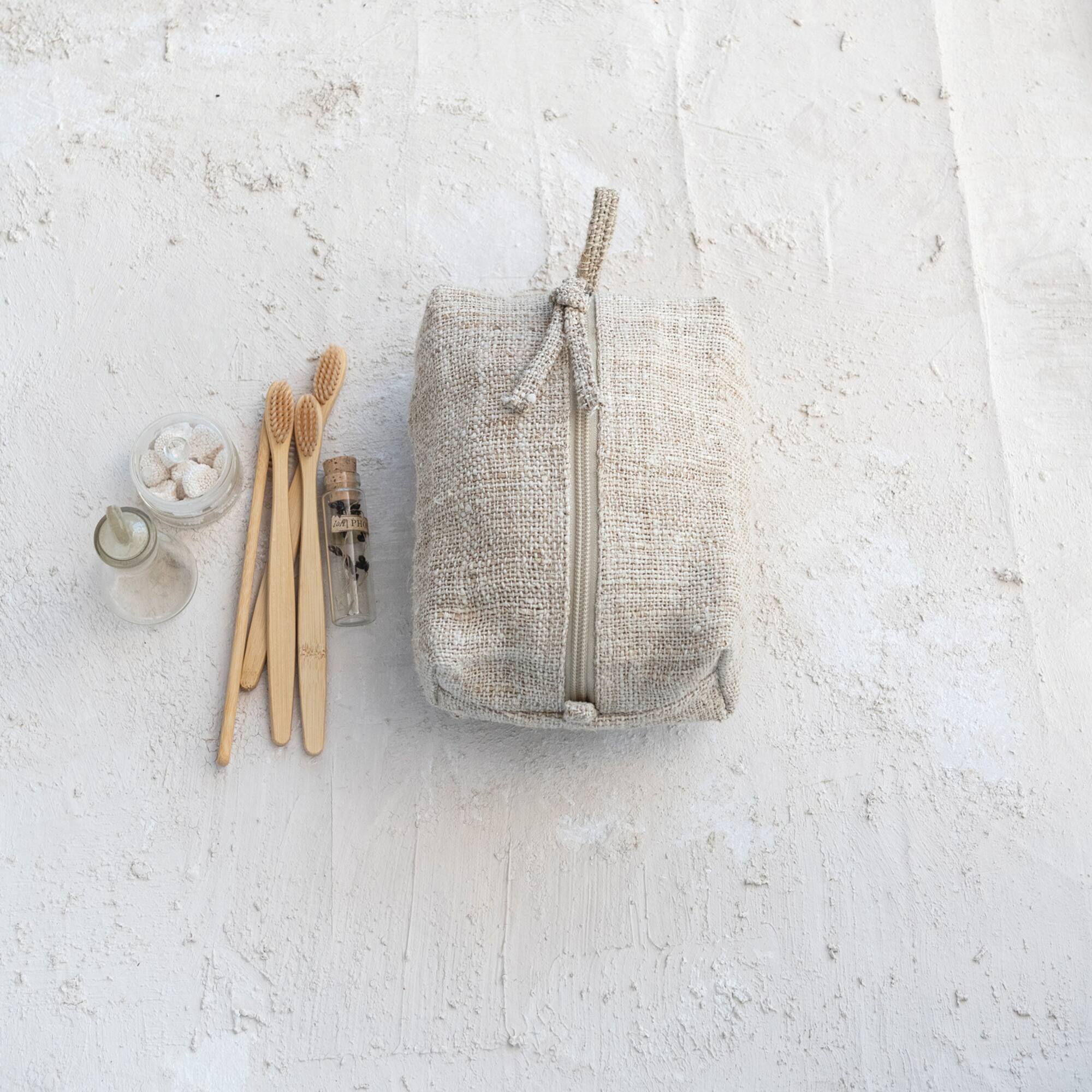 Hello Honey® 7" x 5" Natural Woven Hemp Fiber Zip Pouch with Handle & Cotton Lining